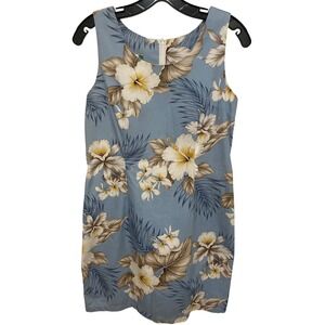 Vintage Two Palms Dress Medium Blue Hibiscus Floral Cotton Made in Hawaii